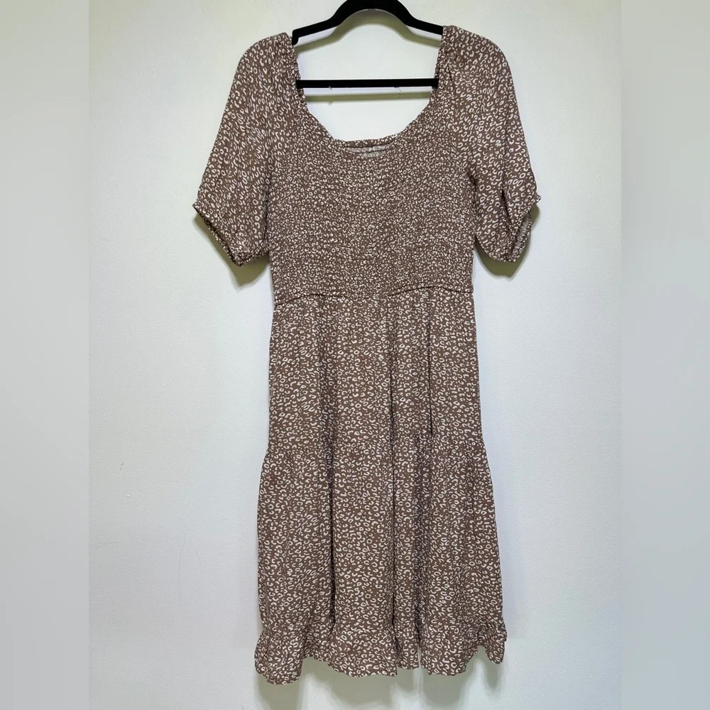 Japna | Brown Ditsy Print Tiered Midi Dress | Puff Sleeve Boho Style | Size M - Picture 3 of 10